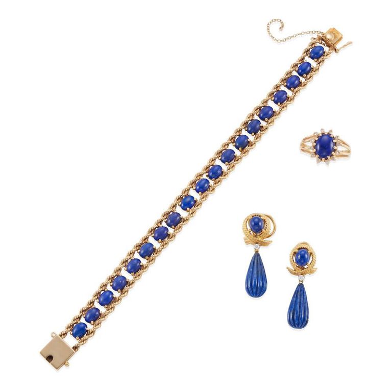 Suite of 14k Gold Lapis Lazuli and Diamond Jewelry
