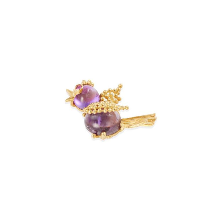 18k Yellow Gold Amethyst and Ruby Brooch