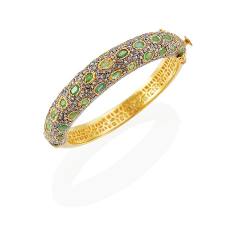 Gold-Plated Silver Emerald and Diamond Bangle