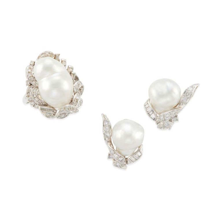 Cultured Pearl and Diamond Ring and Earclips