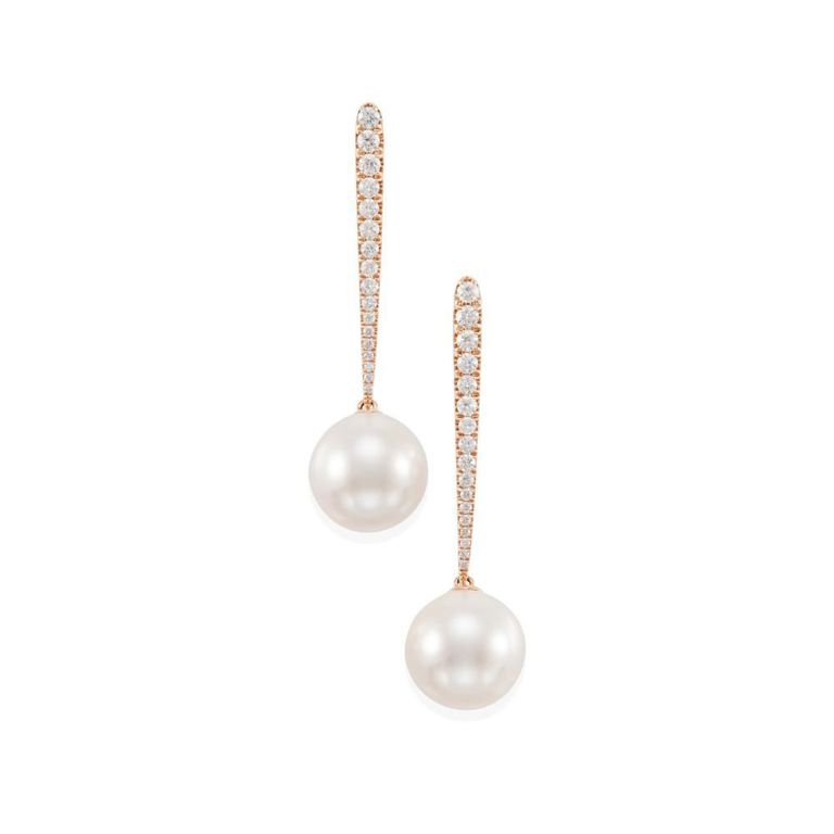 18k Rose Gold, Cultured Pearl and Diamond Earrings