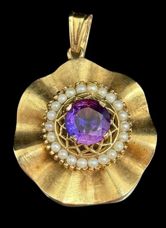 14k Gold Amethyst and Pearl Pendant