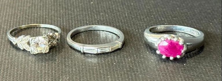 Three Platinum Diamond and Gemstone Rings