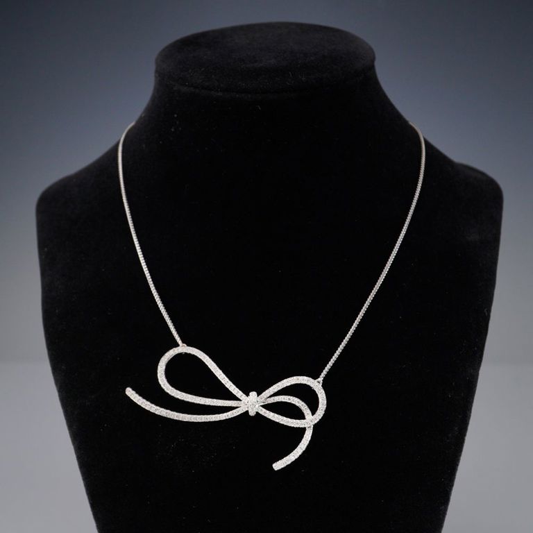 14k White Gold Diamond Bow Pendant Necklace