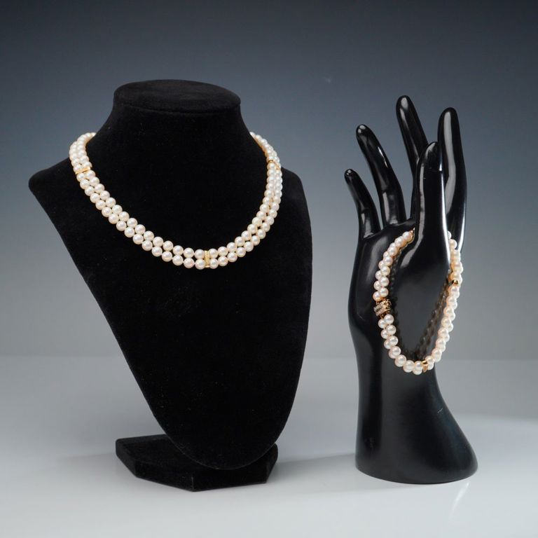 14k Yellow Gold Pearl and Diamond Jewelry Set