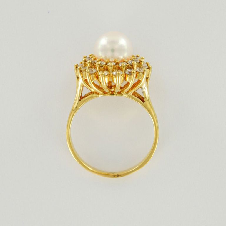 14k Yellow Gold Pearl and Diamond Cluster Ring
