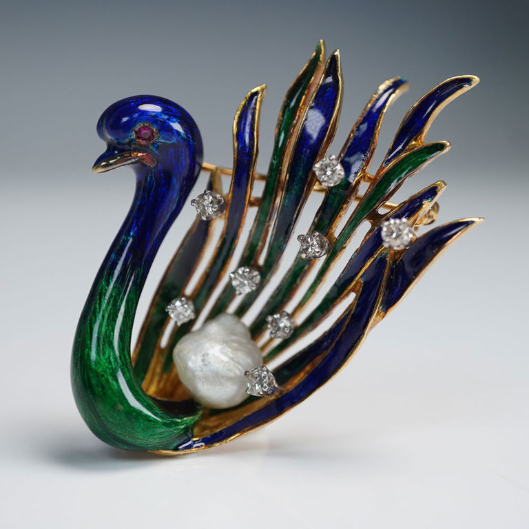18k Gold Enamel, Diamond and Pearl Swan Brooch