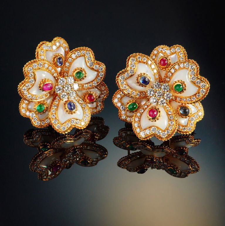 18k Yellow Gold Diamond and Gemstone Earrings