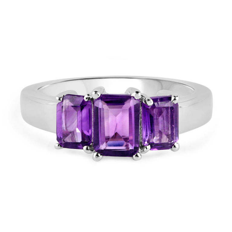Rhodium Plated Sterling Silver Amethyst Ring