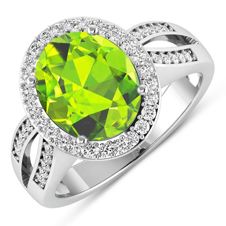 14k White Gold Peridot and Diamond Ring