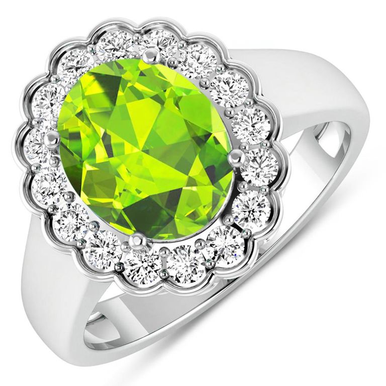 14k White Gold Peridot and Diamond Ring