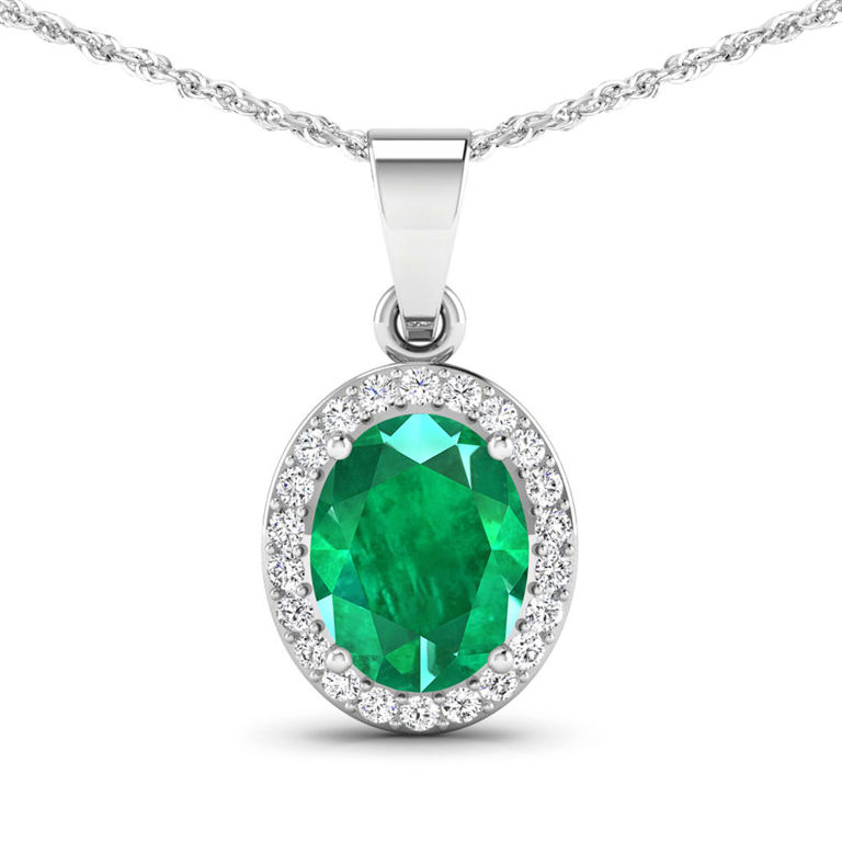 14k White Gold Emerald and Diamond Pendant