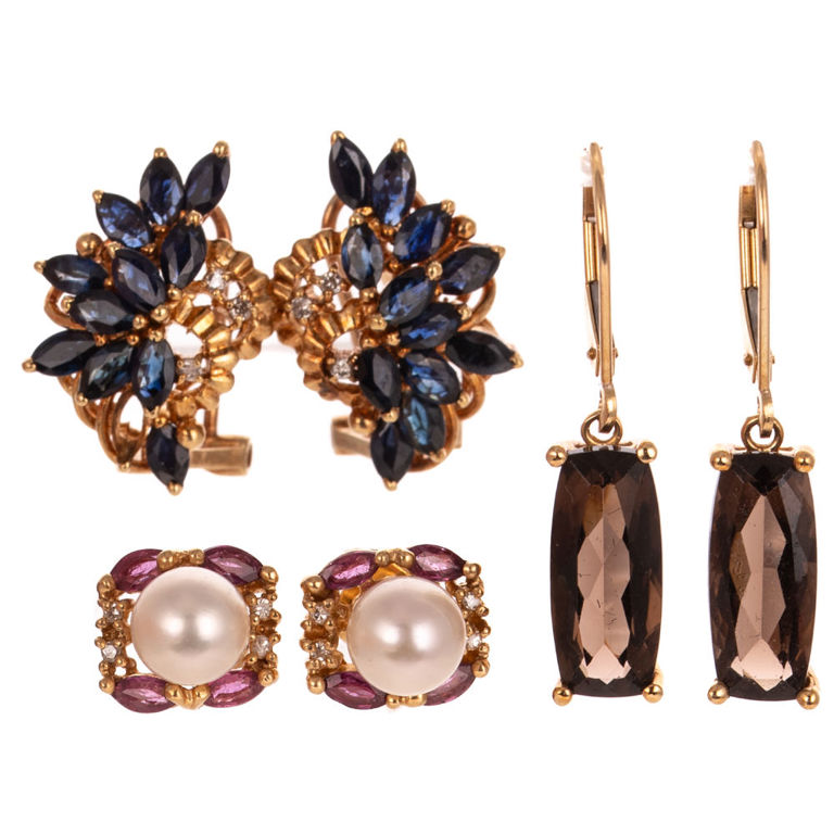 Three Pairs of 14k Yellow Gold Gemstone Earrings