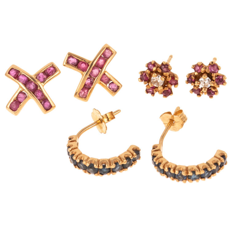 Three Pairs of 14k Yellow Gold Gemstone Earrings