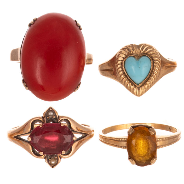 Four 14k and 10k Yellow Gold Gemstone Rings