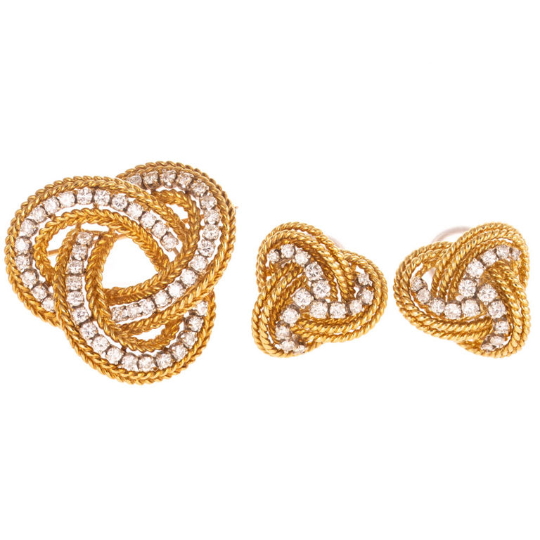 18k Yellow Gold Diamond Brooch and Earrings