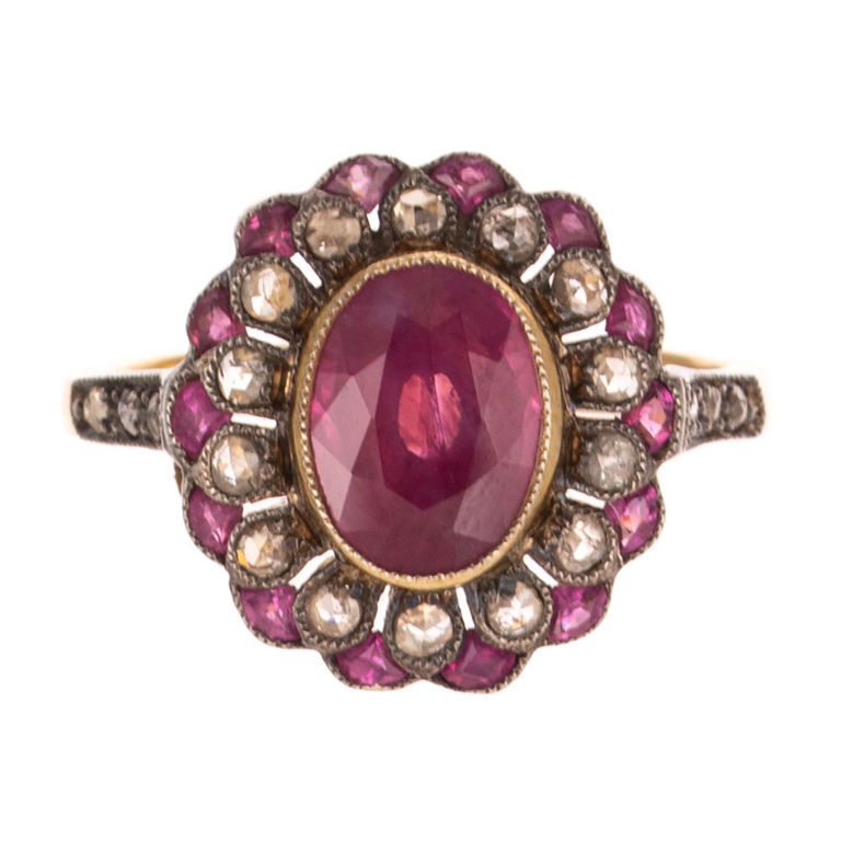 18k Yellow Gold Ruby and Diamond Flower Ring