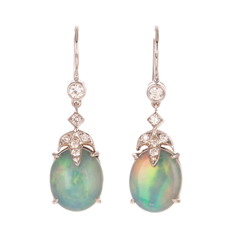 18k White Gold Opal and Diamond Dangle Earrings