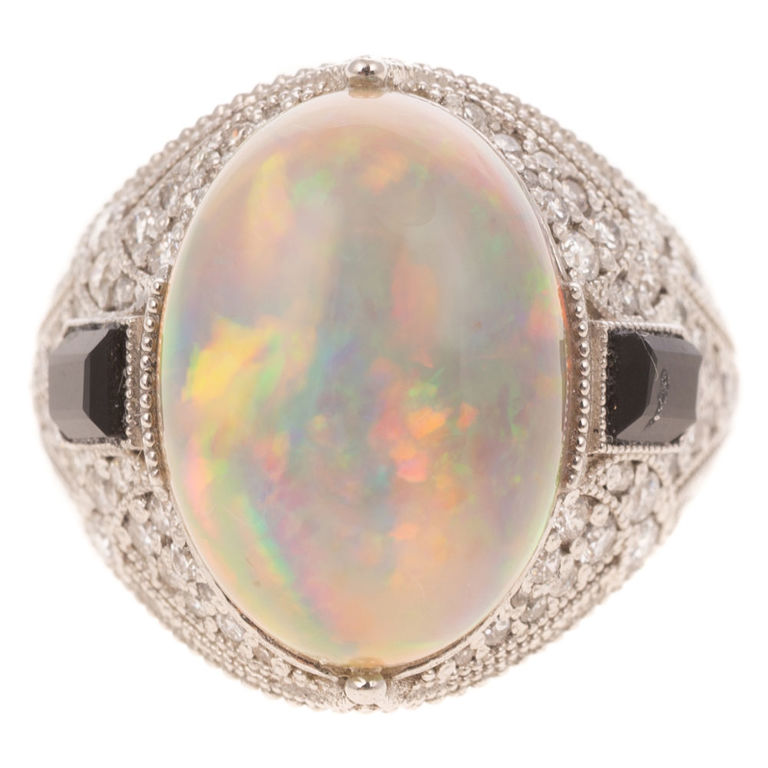 Platinum Opal, Onyx and Diamond Ring