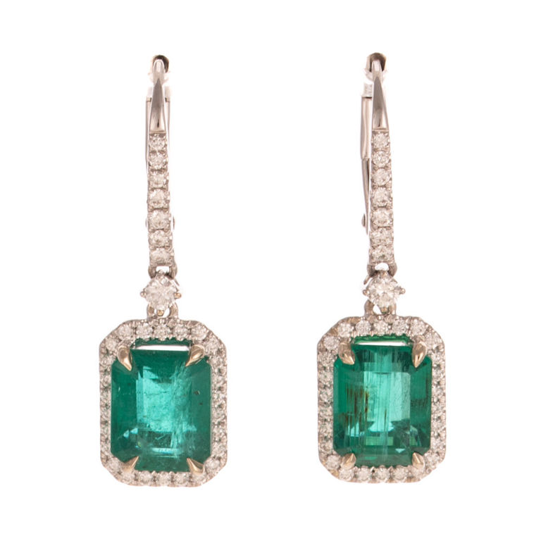 14k White Gold Emerald and Diamond Dangle Earrings