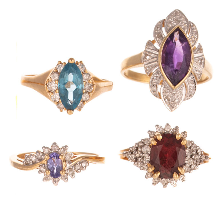 Four 14k Yellow Gold Colorful Gemstone Rings