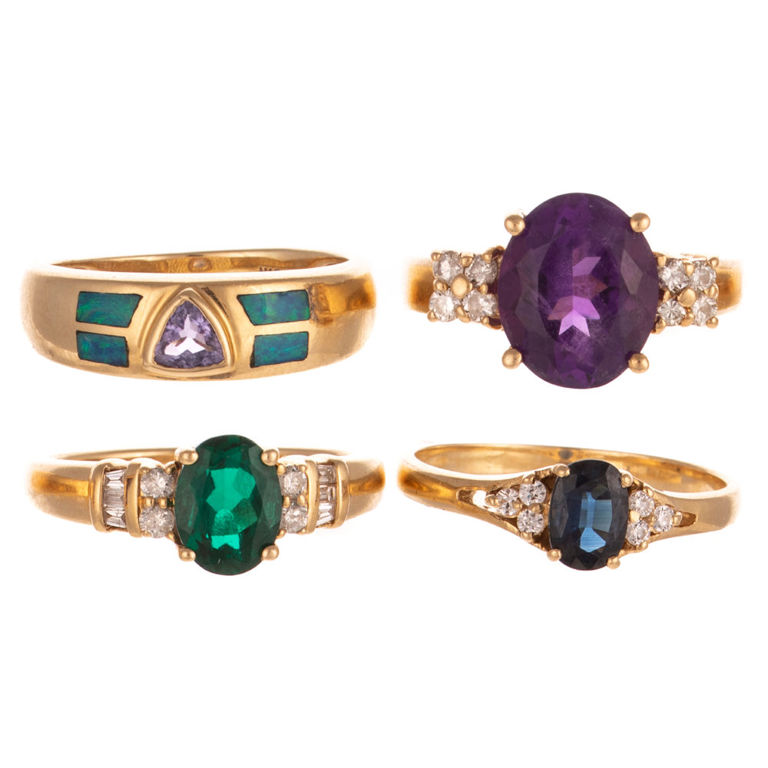 Four 14k Yellow Gold Colorful Gemstone Rings
