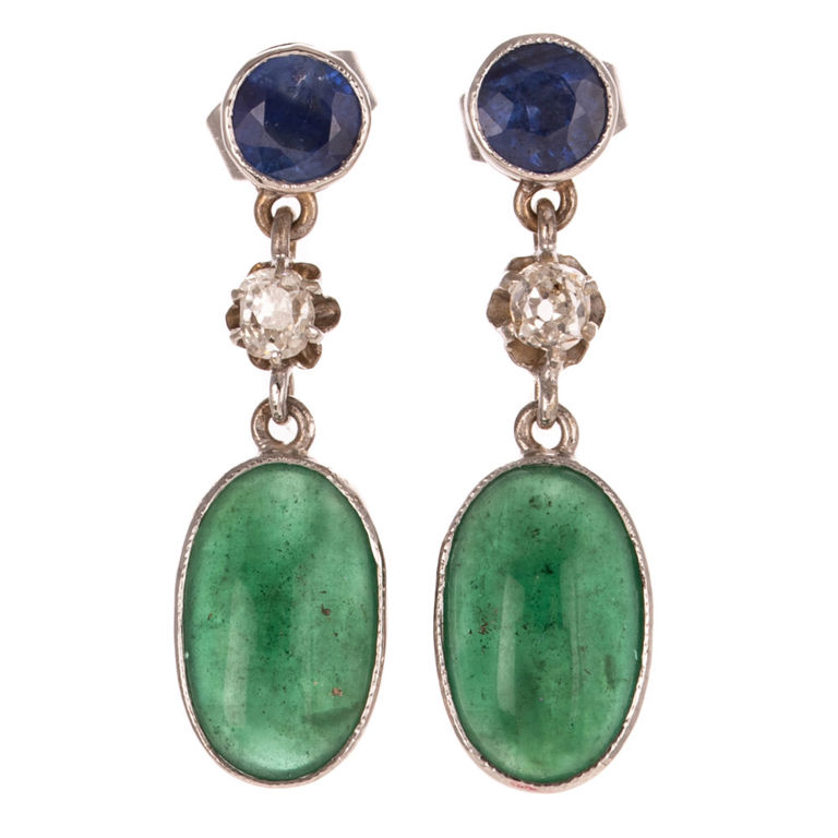 18k White Gold Sapphire, Jade and Diamond Earrings