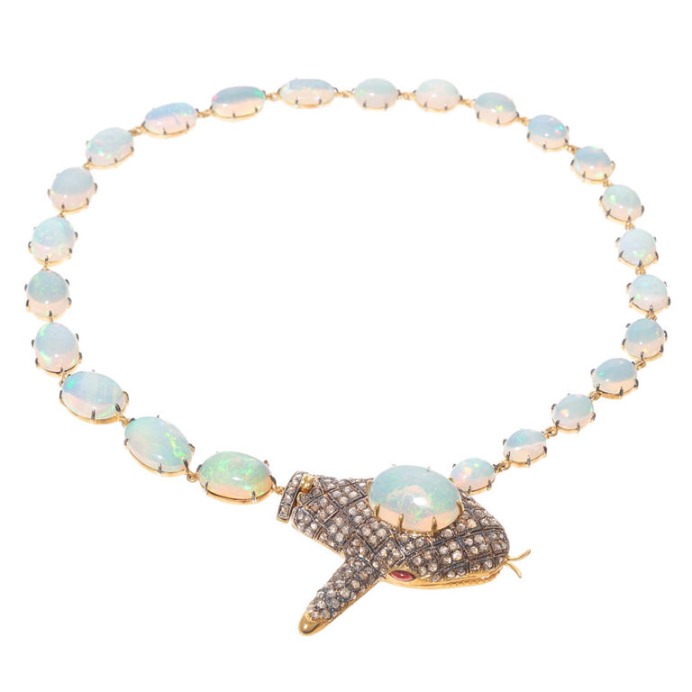 Gilded Silver Opal and Diamond Snake Necklace