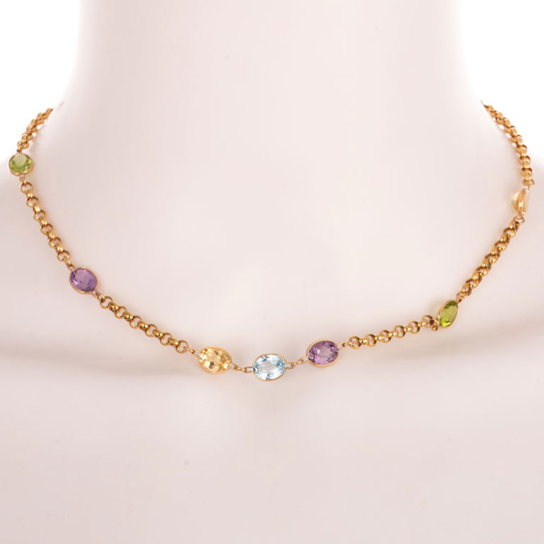 14k Yellow Gold Gemstone Station Chain Necklace