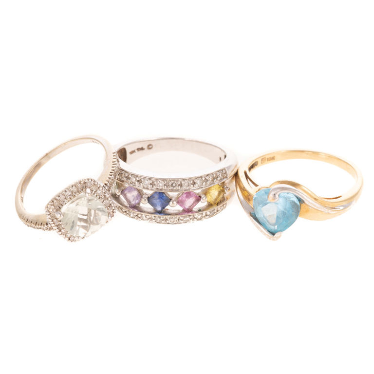 Three 10k Gold Colorful Gemstone Rings