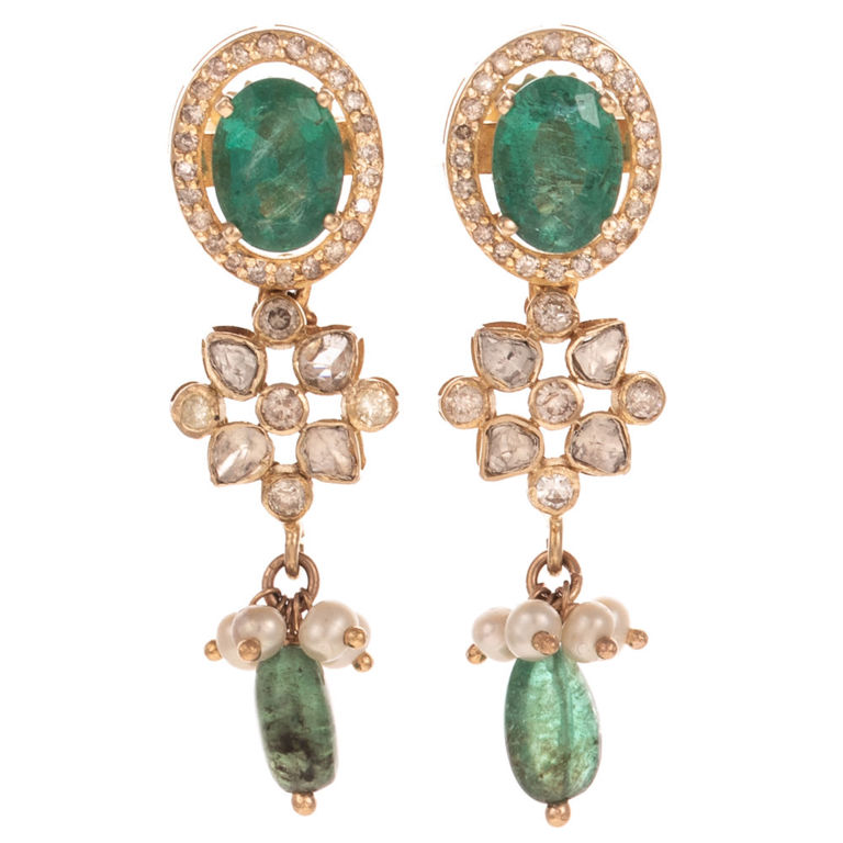 18k Gold Emerald, Pearl and Diamond Earrings