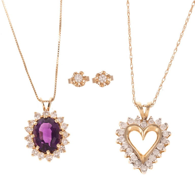 14k Yellow Gold Amethyst and Diamond Jewelry Set