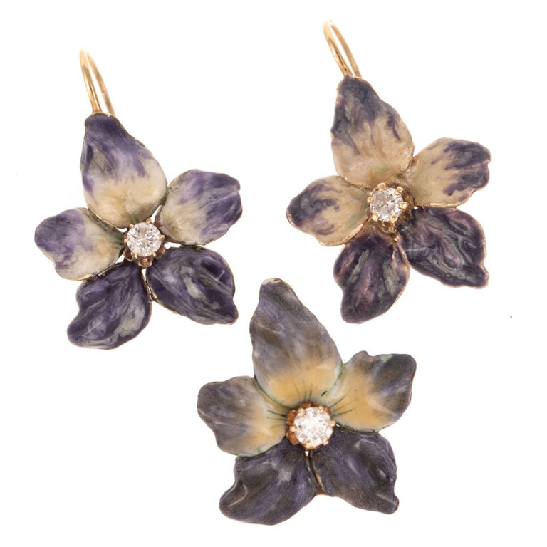 14k Yellow Gold Enamel and Diamond Flower Set