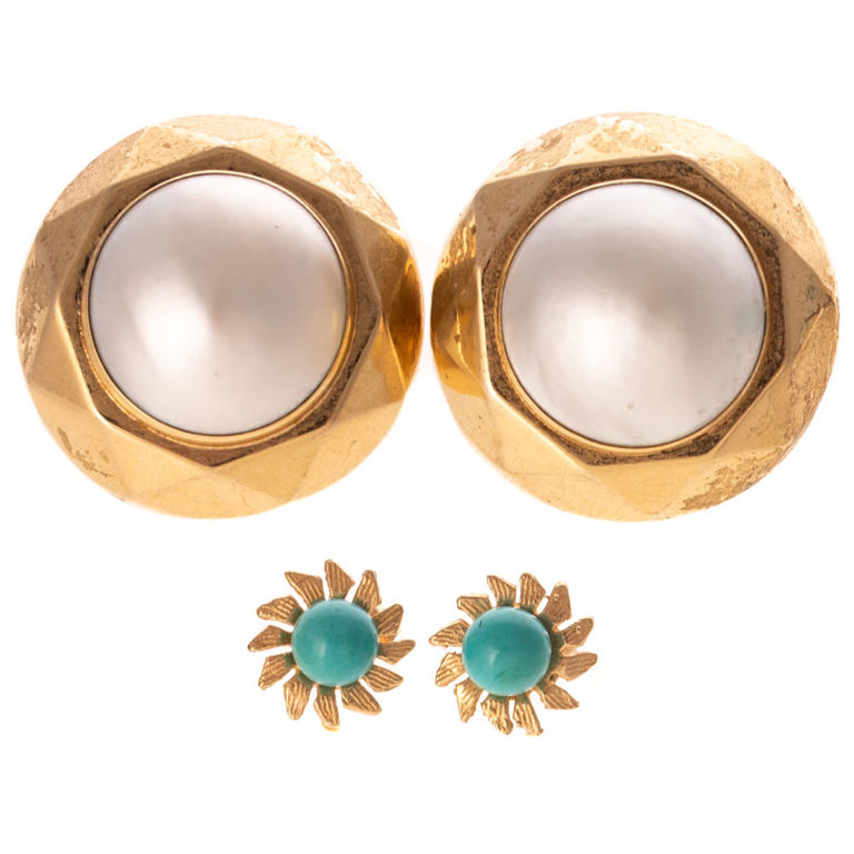 14k Yellow Gold Pearl and Turquoise Earrings Set