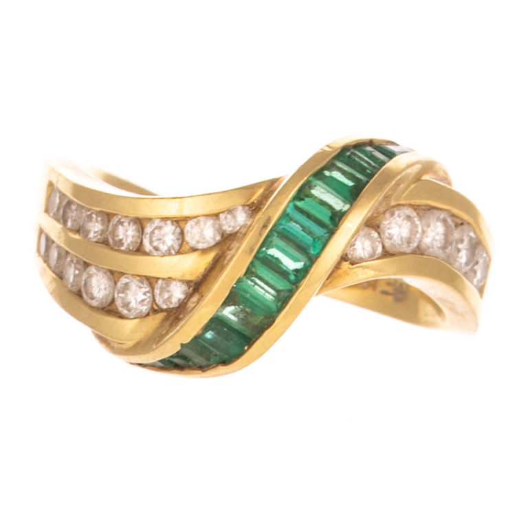 18k Yellow Gold Emerald and Diamond Ribbon Ring