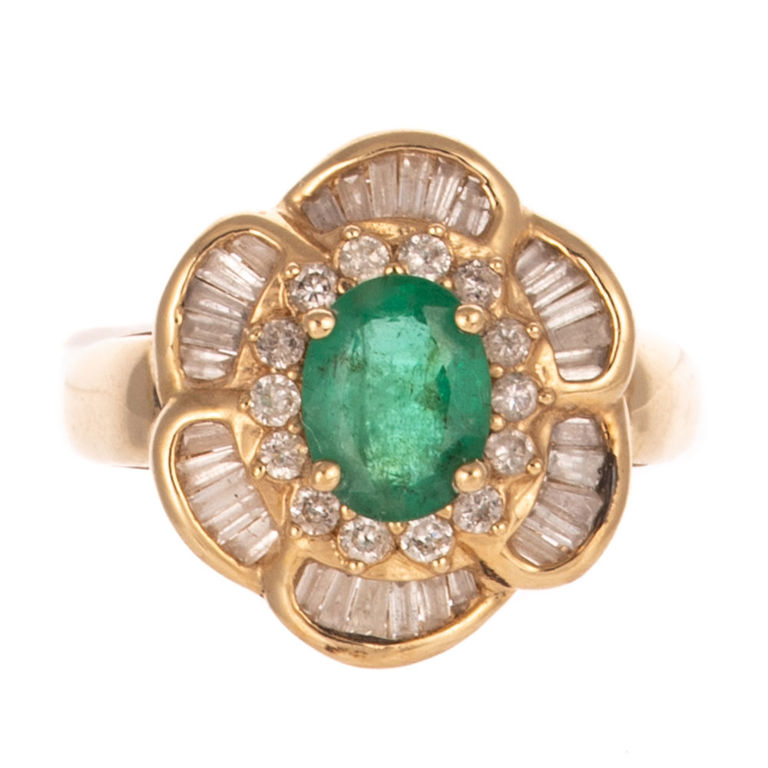 14k Yellow Gold Emerald and Diamond Floral Ring