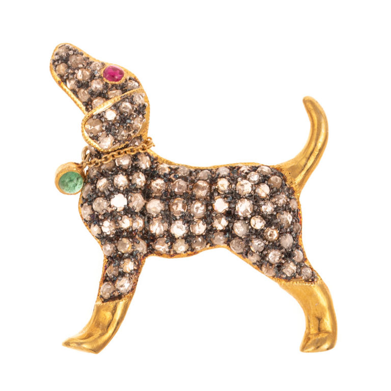 Gilded Silver Gemstone Dog Brooch/Pendant