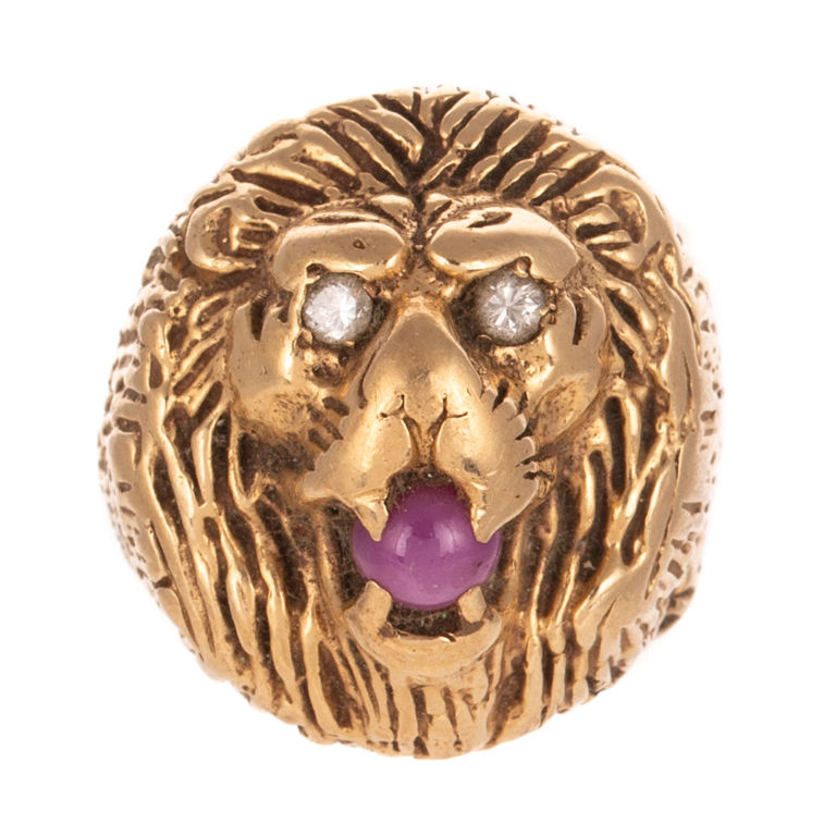 14k Yellow Gold Ruby and Diamond Lion's Head Ring