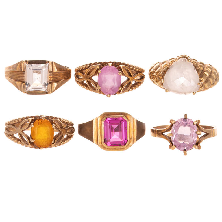 Six 10k Yellow Gold Gemstone Rings