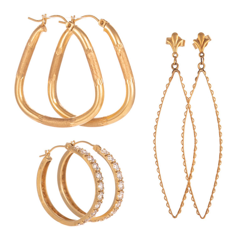 Three Pairs of 14k Yellow Gold Earrings