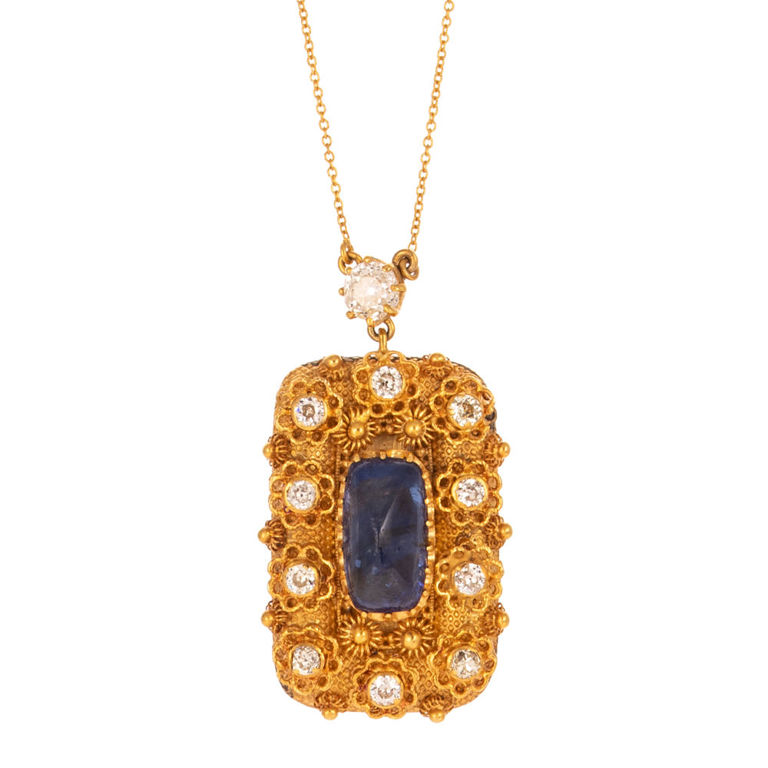 Yellow Gold Sapphire and Diamond Pendant Necklace