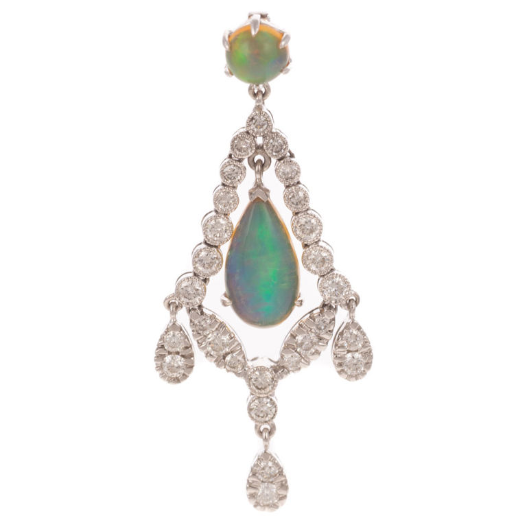 18k White Gold Opal and Diamond Dangle Pendant