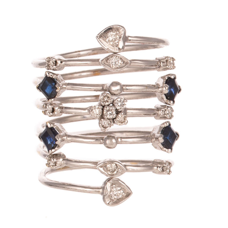 18k White Gold Diamond and Sapphire Spiral Ring