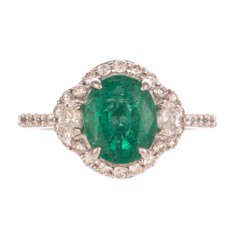 18k White Gold Emerald and Diamond Halo Ring