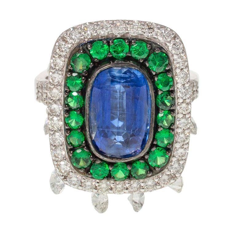 18k White Gold Kyanite, Emerald and Diamond Ring