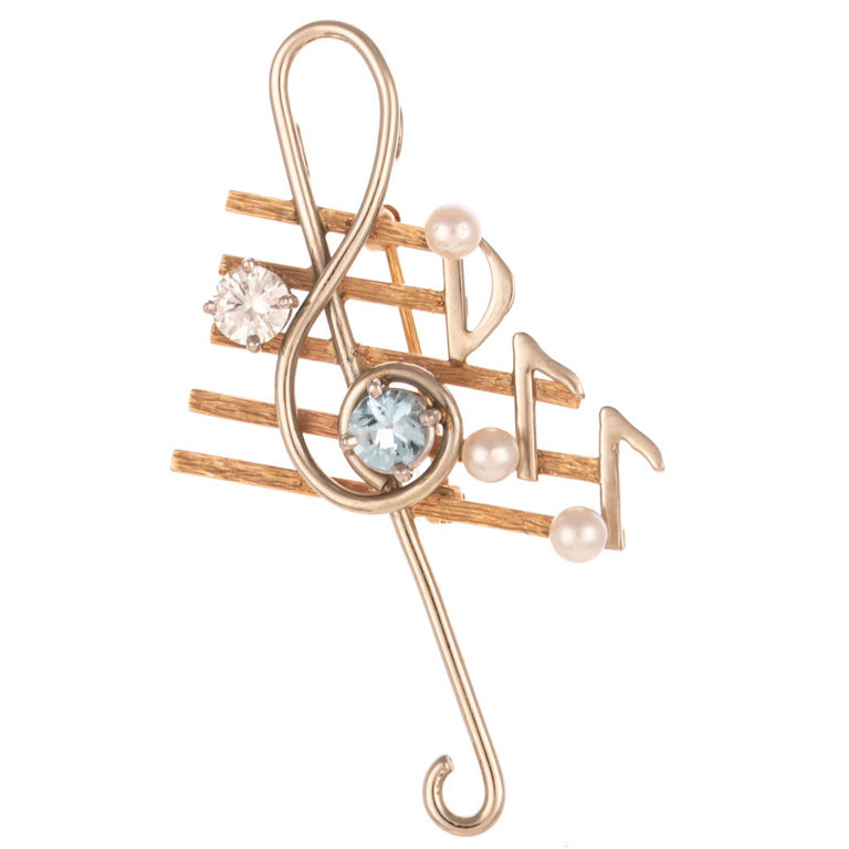 14k Gold Gemstone Treble Clef Brooch/Pendant