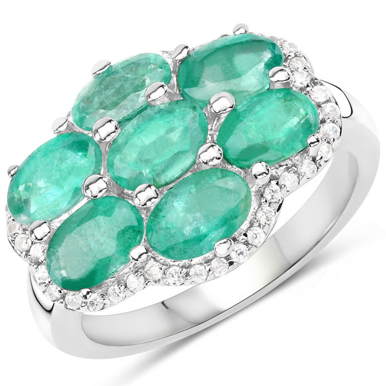 Plated Rhodium Emerald and White Zircon Ring