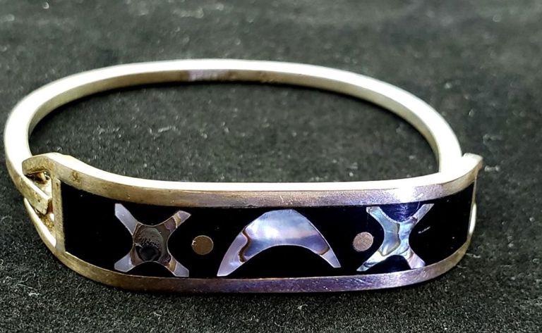 Sterling Silver Onyx, Abalone and Copper Bracelet