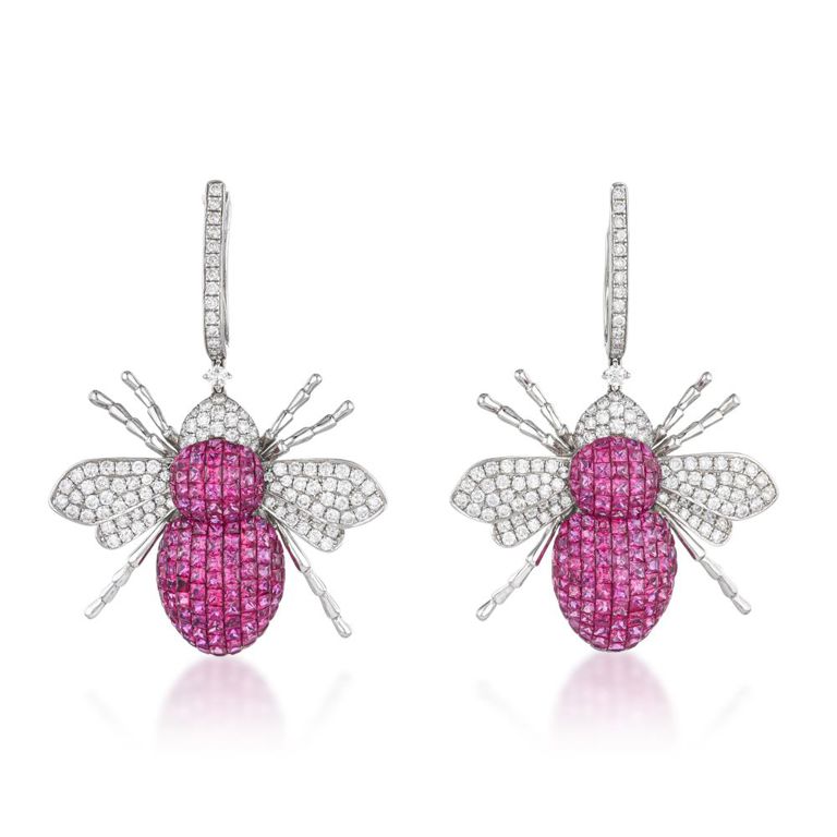 18k White Gold Ruby and Diamond Honey Bee Earrings