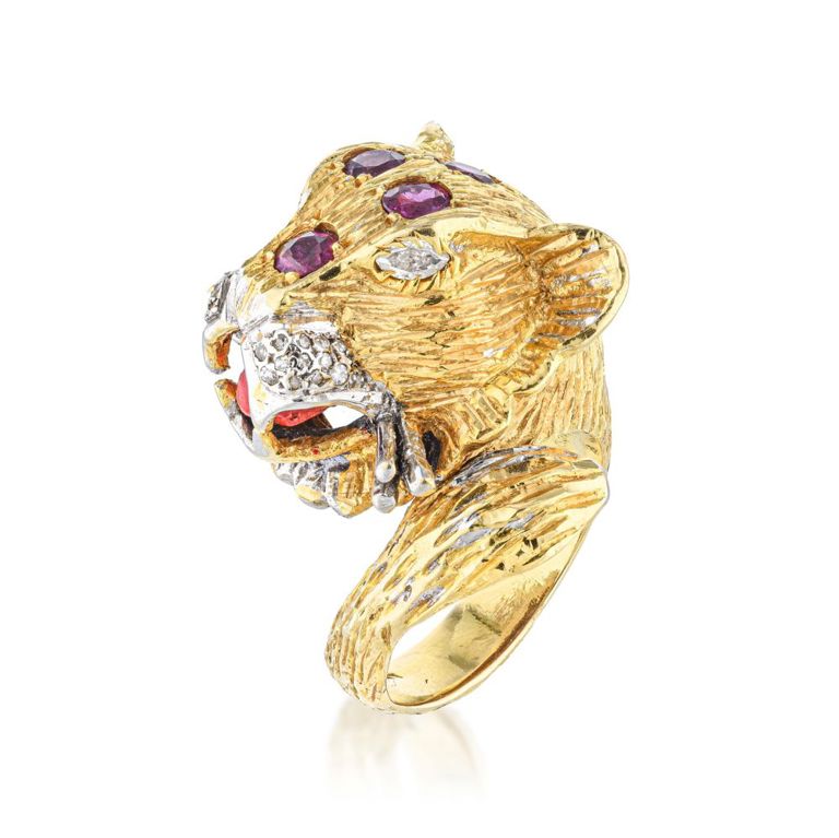 18k Yellow Gold Tiger Head Enamel and Ruby Ring